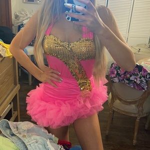 Vintage dance costume Barbie size small pink gold skirt bodysuit